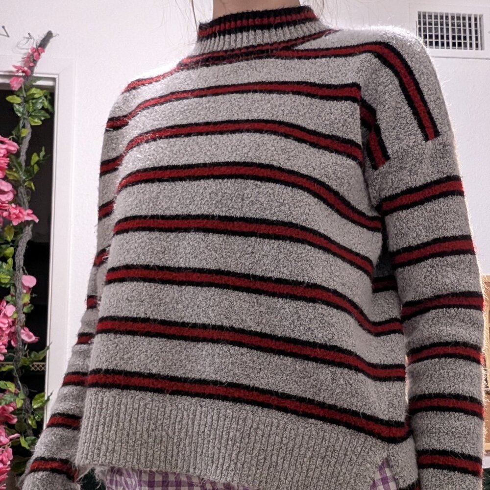 Gray, Red, and Black Striped Soft Turtleneck